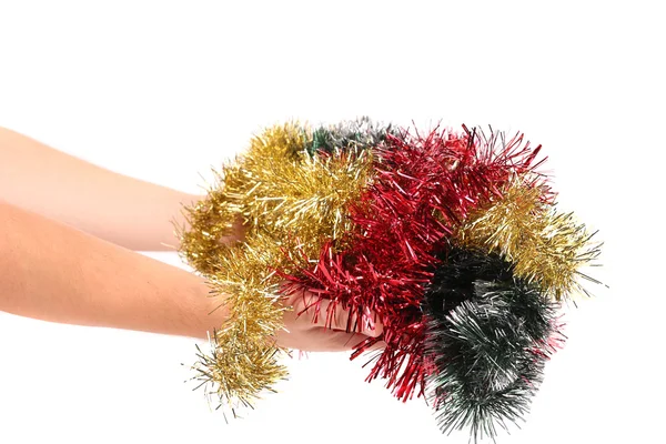 Different color tinsel on hand. — Stock Photo, Image