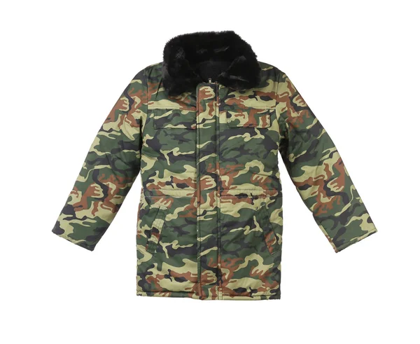 Camouflage winter jas met zwarte kraag. — Stockfoto