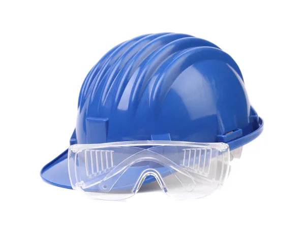 Blue hard hat with glasses. — Stock Photo, Image
