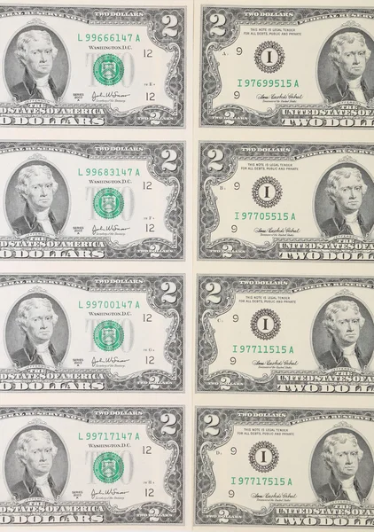 Close up of two-dollar bills. — Stock Photo, Image