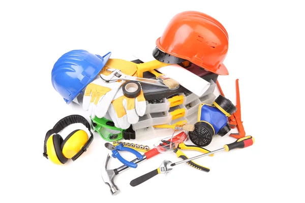 Plastic workbox with assorted tools. — Stock Photo, Image