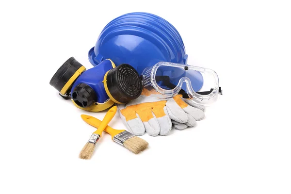 Blauer Schutzhelm mit Atemschutzmaske und Schutzbrille. — Stockfoto