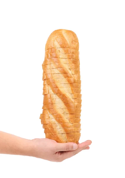 Sliced white bread on a hand. — Stock Photo, Image