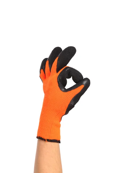 Gartenorangefarbene Handschuhe mit Ok-Zeichen — Stockfoto