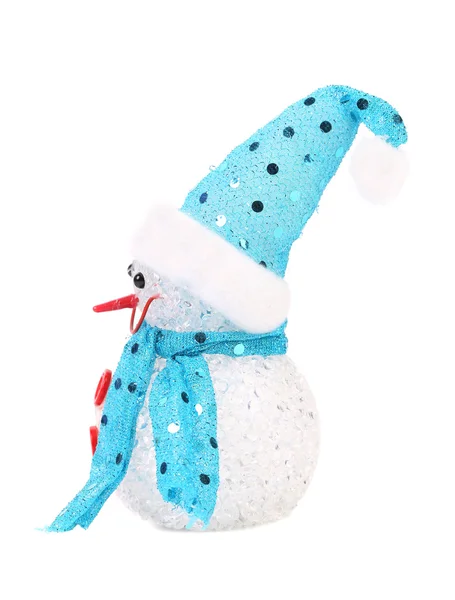 Sněhulák v modré čepici a šálu. — Stock fotografie