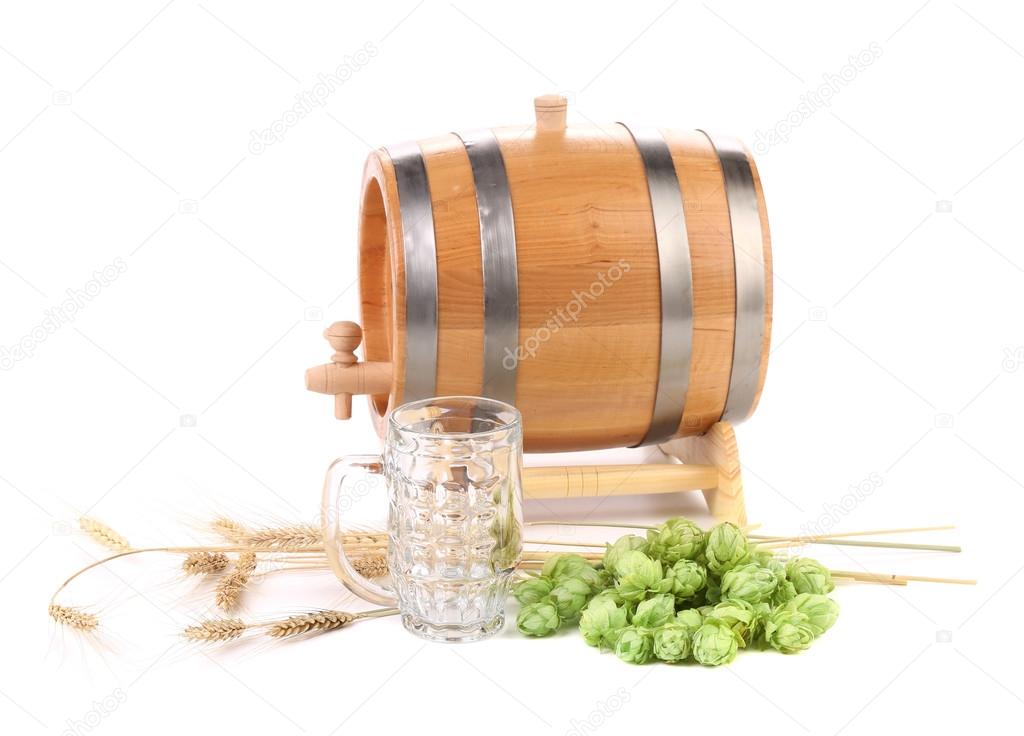 Barrel and mug with hop.