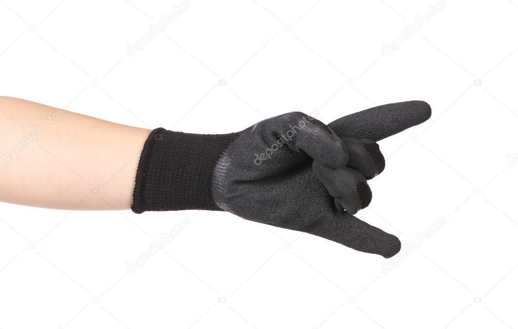 Rubber protective glove shows rock sign.