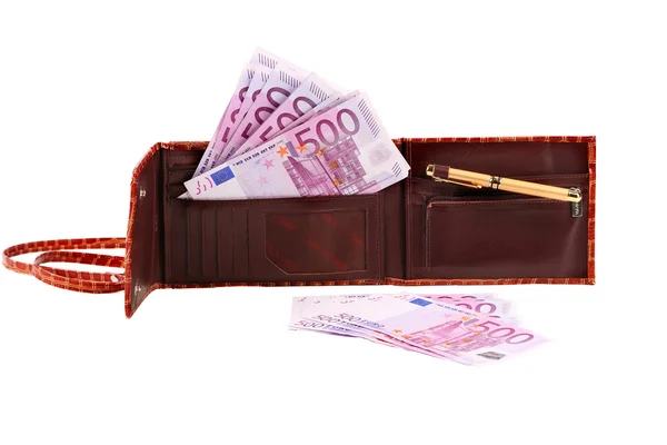 Five hundred euro bill in open brown purse. — Stock Photo, Image