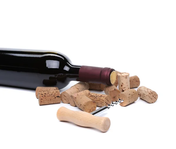 Bottle of wine corks leaf and corkscrew — Stock Photo, Image