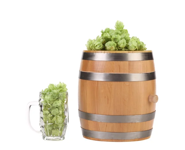 Closeup of barrel and mug with hop. — Stock Photo, Image