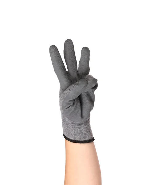 Hand shows three in rubber glove. — Stock Photo, Image