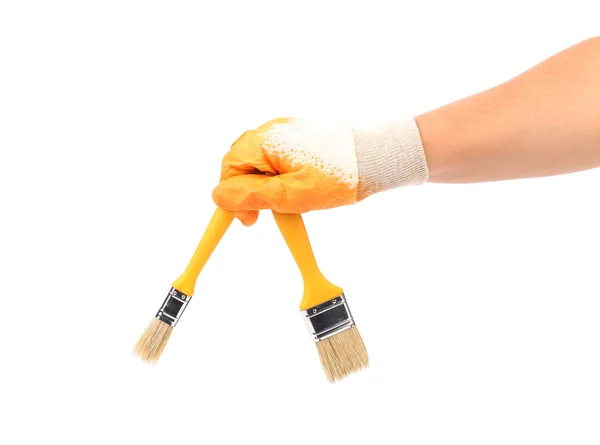 Hand in gloves holds brush. — Stock Photo, Image