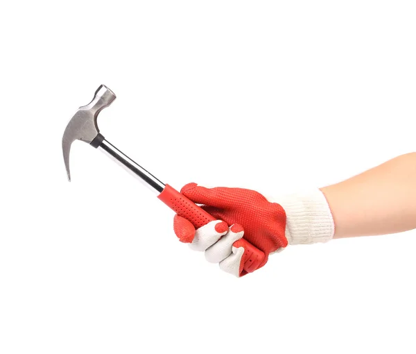 Hand in glove holding metal hammer. — Stock Photo, Image