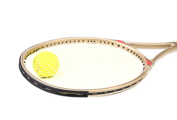 Gray tennis racket and yellow ball — Stock Photo, Image