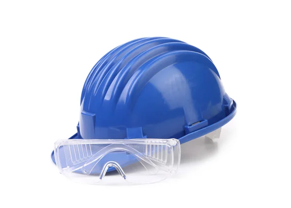 Blue hard hat and glasses. — Stock Photo, Image