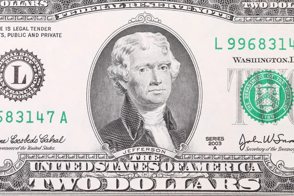 Closeup of two dollar bill. — Zdjęcie stockowe