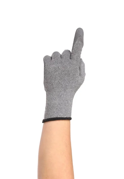 Hand toont één in rubberen handschoen. — Stockfoto