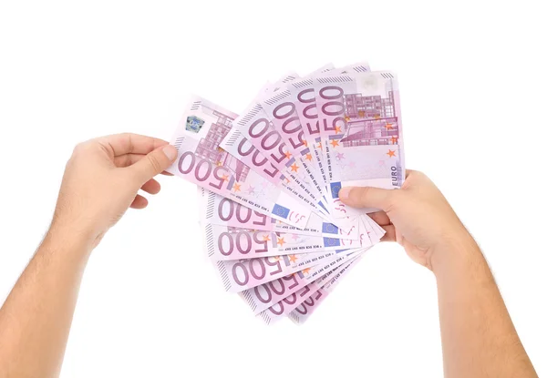 Euro bills in hands as fan. — Stock Photo, Image