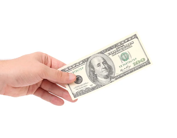 Męskiej ręki trzymającej 100 dolarowy banknot. — Zdjęcie stockowe