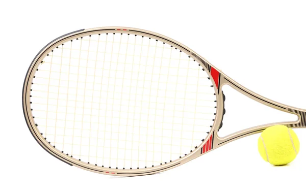 Gray tennis racket and yellow ball. — Stock Photo, Image