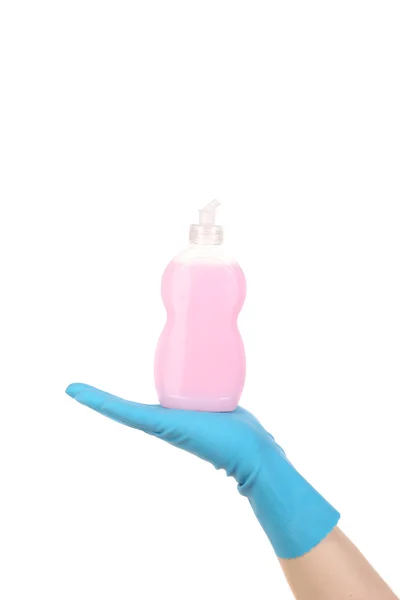 Bottle on a hand in gloves. — Stock Photo, Image