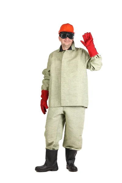 Welder in hard hat with hand up. — Stock Photo, Image