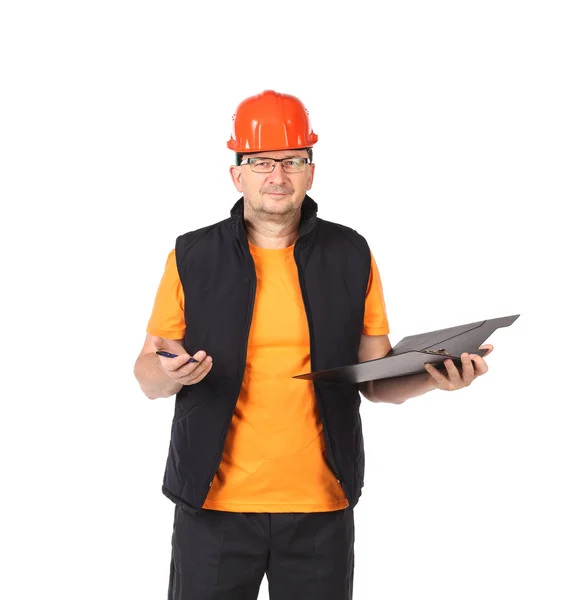 Man in workwear and hard hat with a folder — Stock Photo, Image