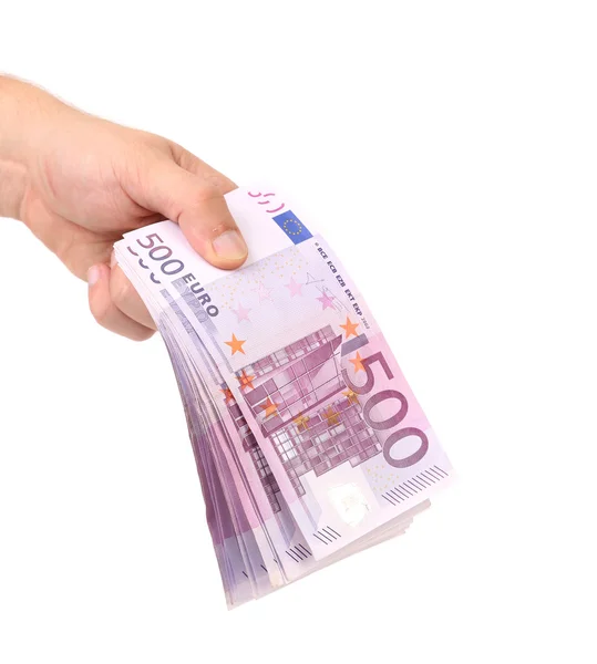 Hand met vijf honderden euro-bankbiljetten — Stockfoto