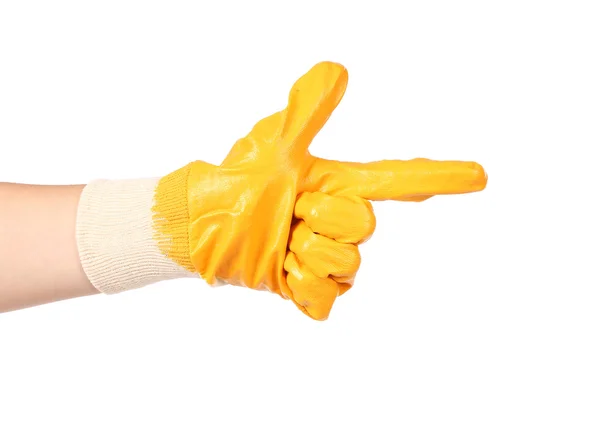 Rubber protective glove show sign like a gun — Stock Photo, Image