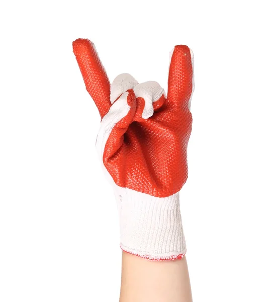 Hand in rubber protective glove shows rock sign — Stock Photo, Image