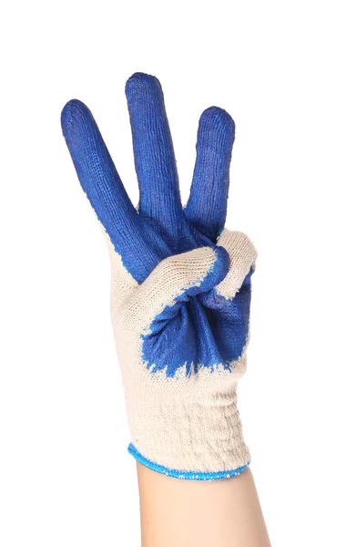 Hand zeigt drei in einem blauen Gummihandschuh — Stockfoto