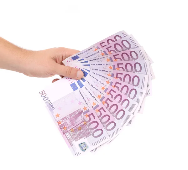Hand met vijf honderden euro-bankbiljetten — Stockfoto