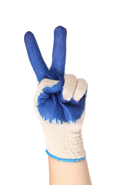 Hand toont twee in een blauwe rubberen handschoen — Stockfoto