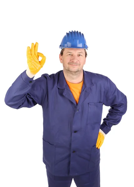 Arbetare visar hand tecken okey. — Stockfoto