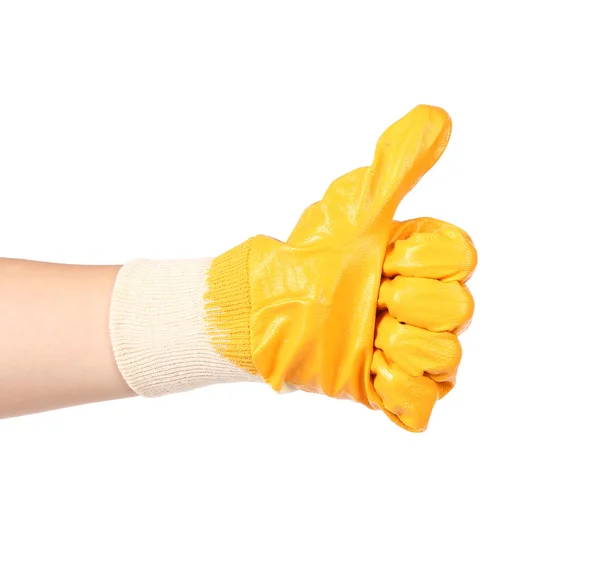 Daumen hoch mit einem orangen Gummihandschuh — Stockfoto