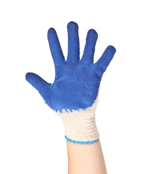 Hand toont vijf in een blauwe rubberen handschoen — Stockfoto