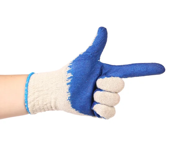 Blue rubber protective glove show sign like a gun — Stock Photo, Image