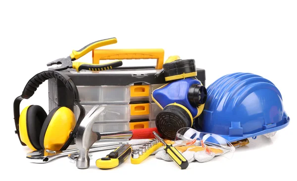 Set of tools and instruments with toolbox — Stock Photo, Image