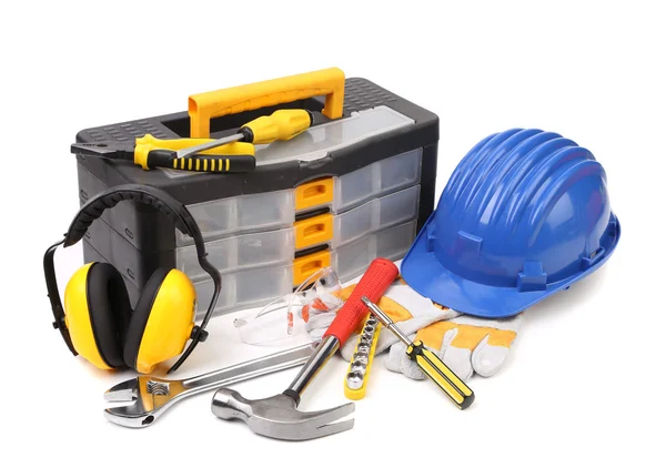 Set of tools and instruments with toolbox — Stock Photo, Image