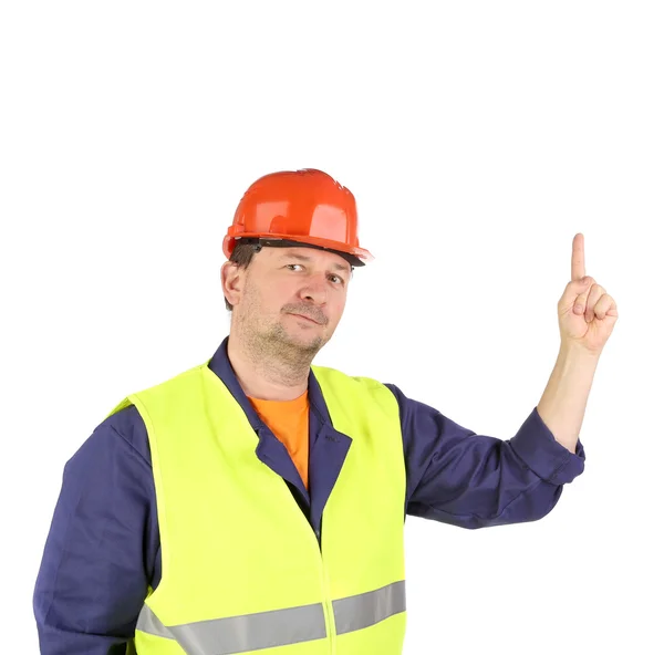 Werknemer in harde hoed met hand omhoog. — Stockfoto