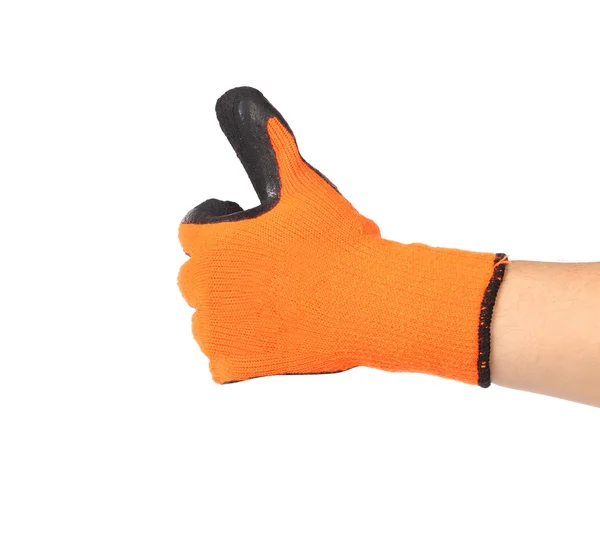 Duimen omhoog met een oranje rubberen handschoen — Stockfoto