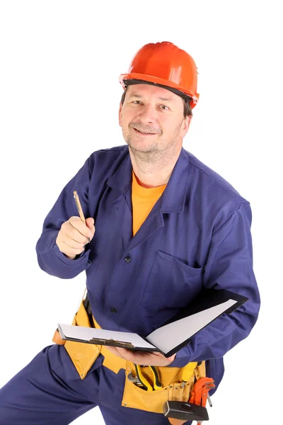 Lavoratore in cappello rigido con penna . — Foto Stock