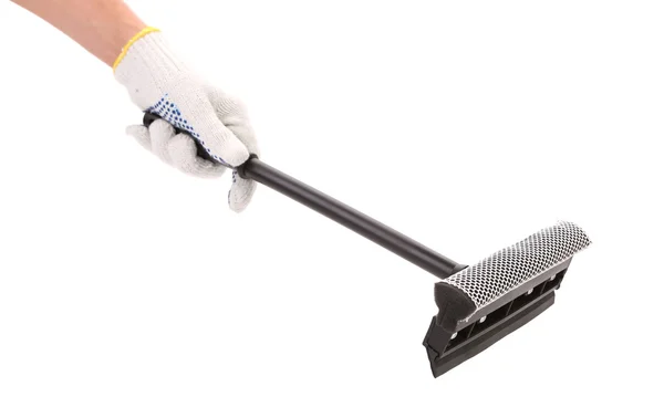 Hand in gloves with rubber window cleaner. — Stock Photo, Image