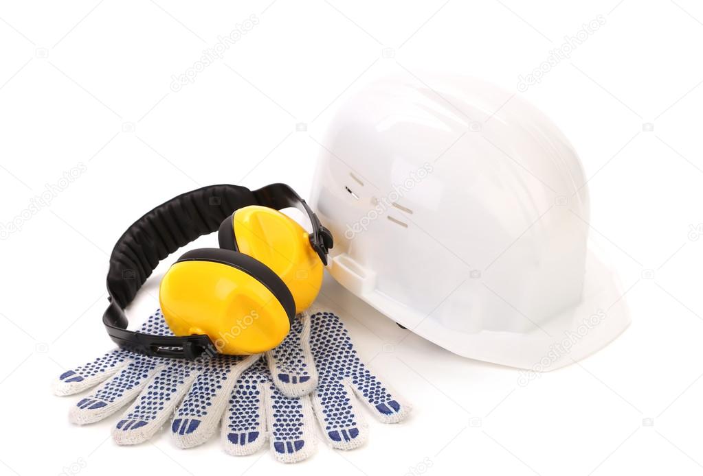 Ear muffs hard hat and gloves.