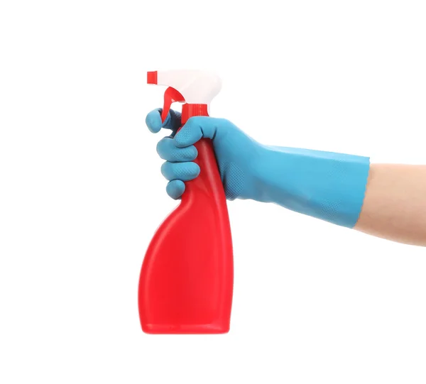 Hand in gloves holds spray bottle. — Stock Photo, Image