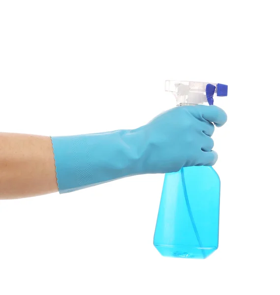 Mão em luvas segura frasco de spray . — Fotografia de Stock