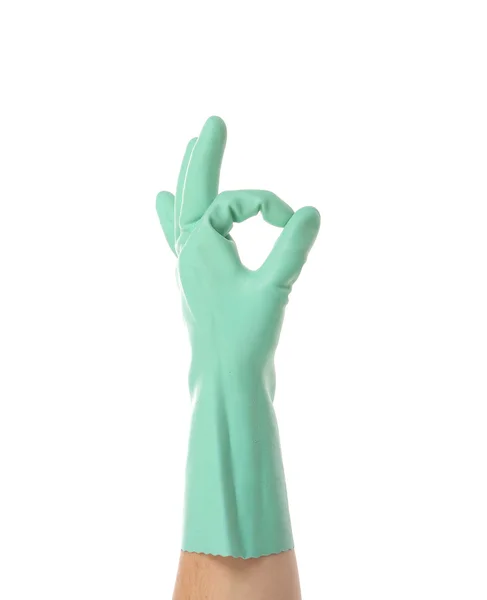 Modré rukavice na rukou ukazuje znamení ok. — Stock fotografie