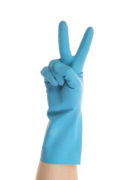 Синяя перчатка на руке показывает два . — стоковое фото