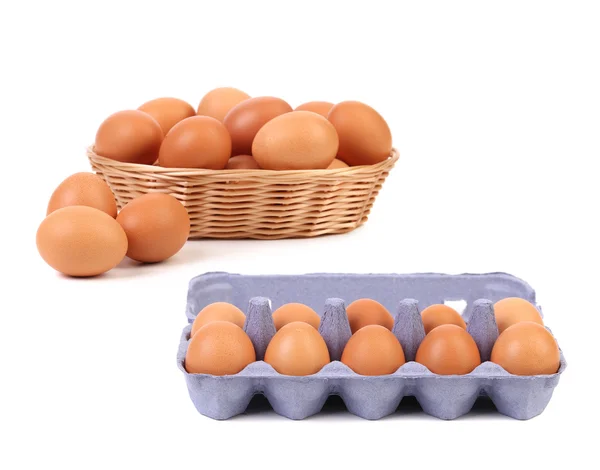 Egg Basket and blue carton box with eggs — Stock Photo, Image