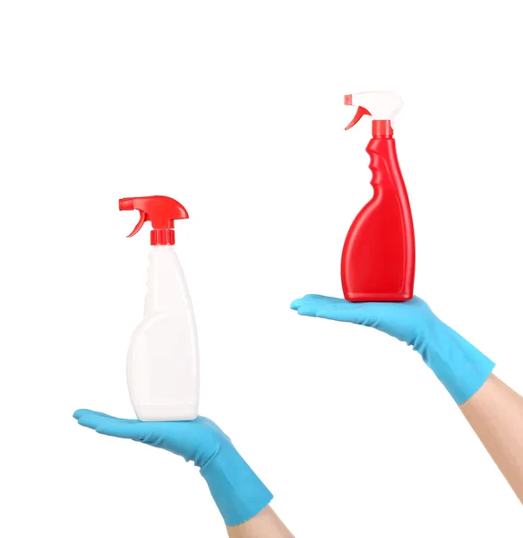 Mani in guanti blu con spray detergente . — Foto Stock